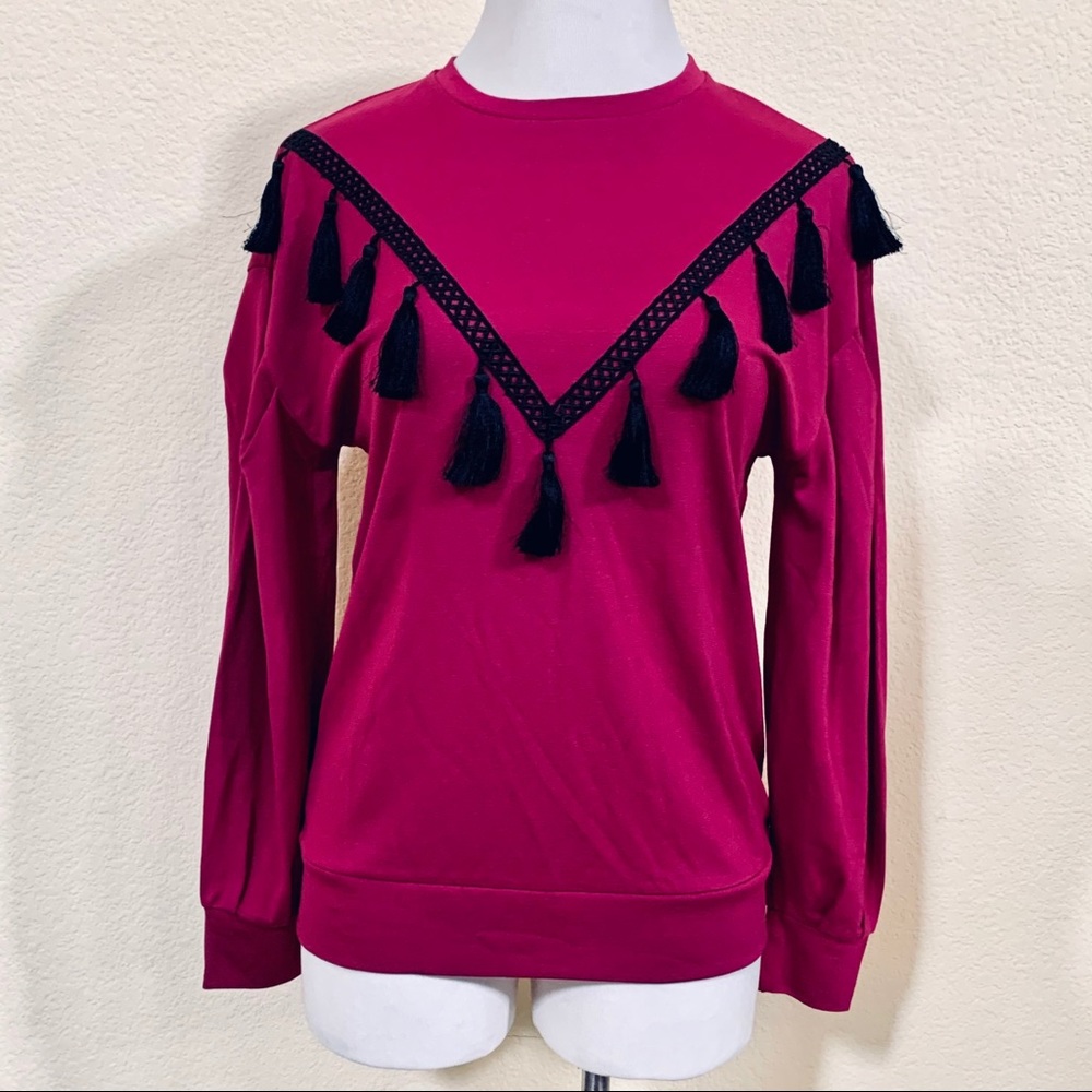 Top Maroon full sleeve black tassels Medium Blouse